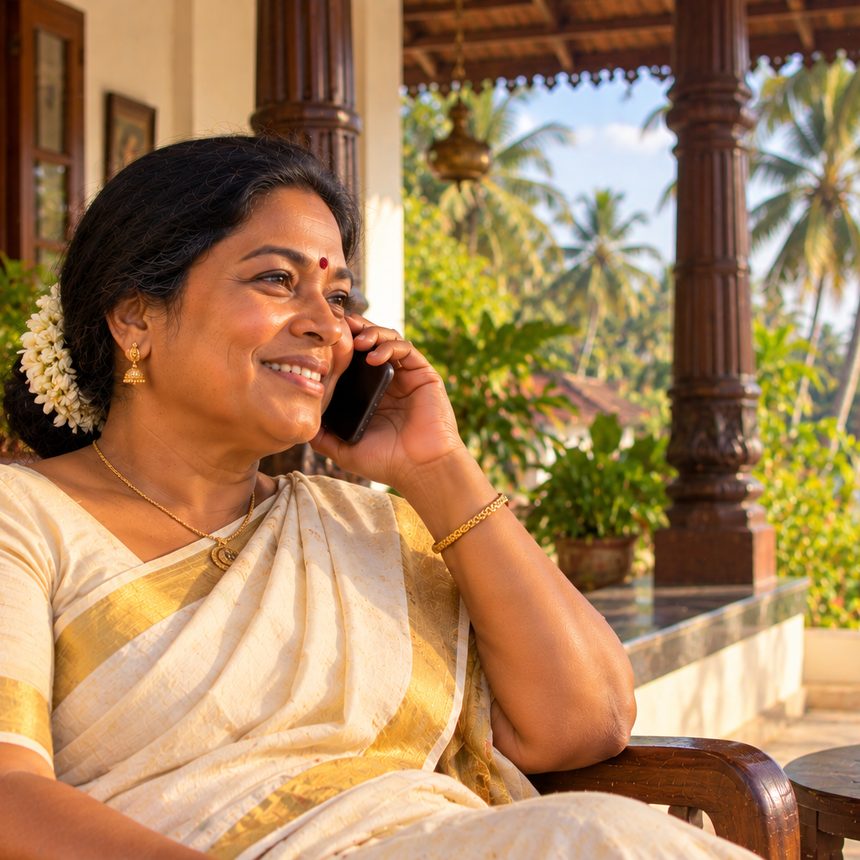 A woman in Kerala smiling as she answers her phone