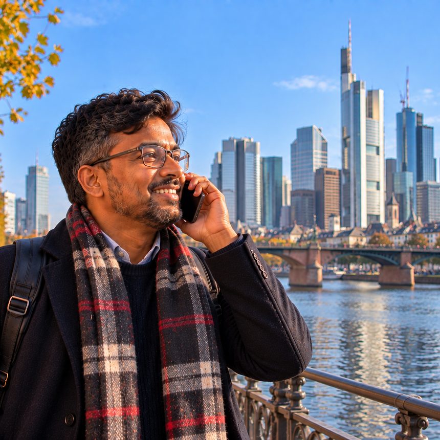A caller in Germany smiling as they talk on the phone