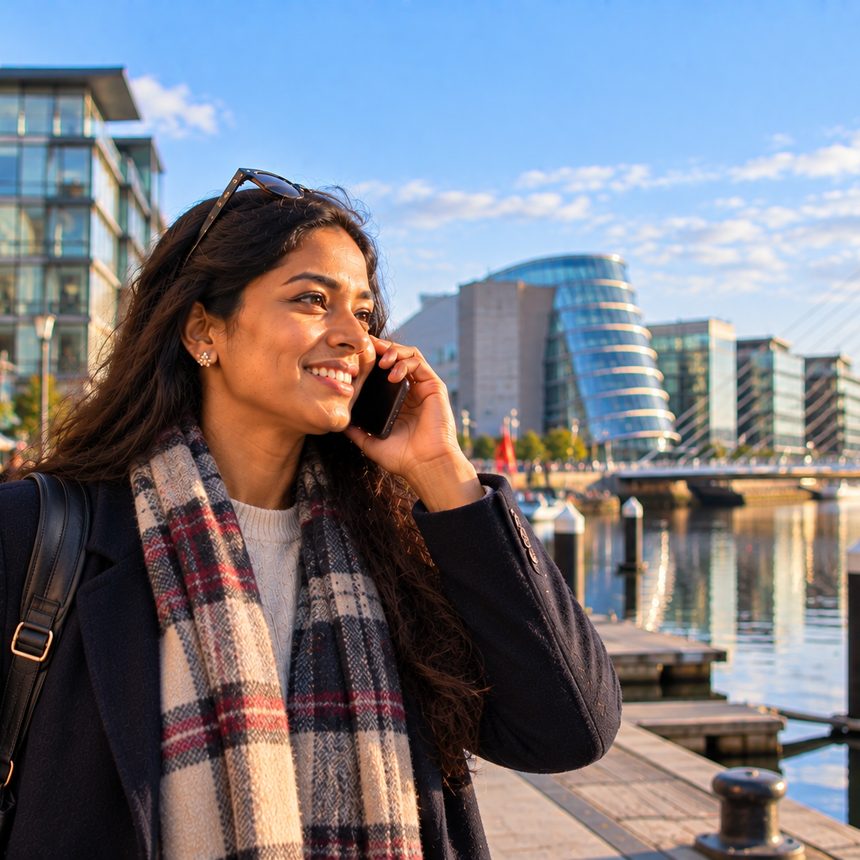 A caller in Ireland smiling as they talk on the phone