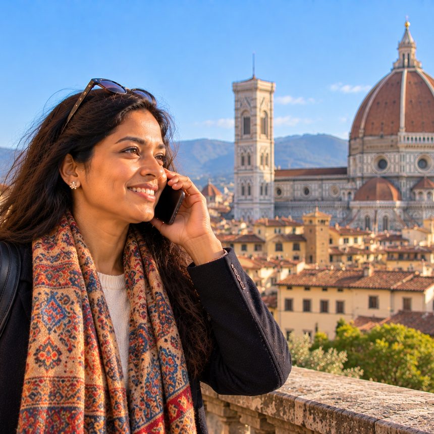 A caller in Italy smiling as they talk on the phone
