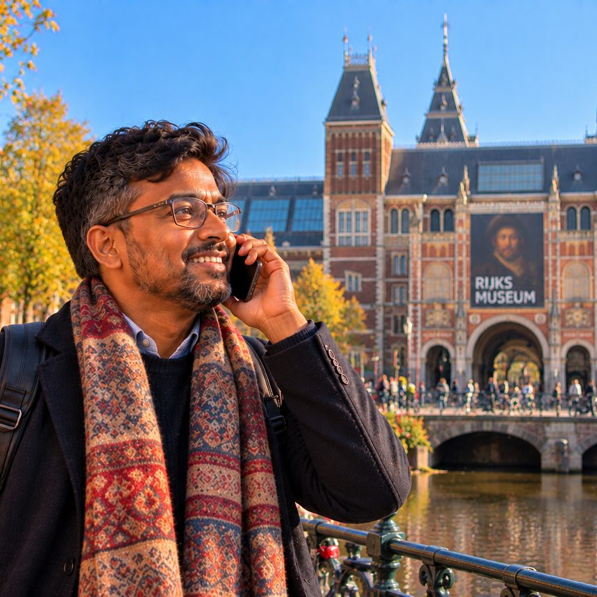 A caller in the Netherlands smiling as they talk on the phone